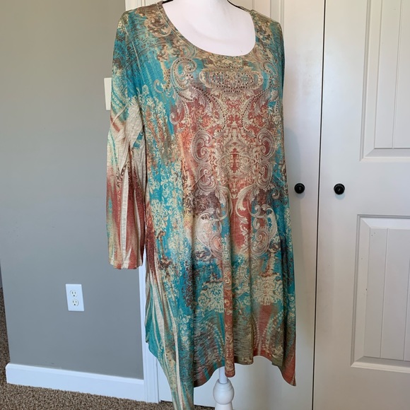 CALSTYLE Tunic Turquoise & Golden Brown Size 2XL - Picture 2 of 8